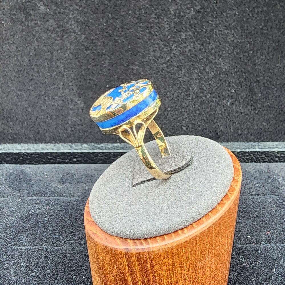 Vintage 14K Yellow Gold Lapis Lazuli Cabochon Sculptural Figural Overlay Ring - Picture 10 of 11